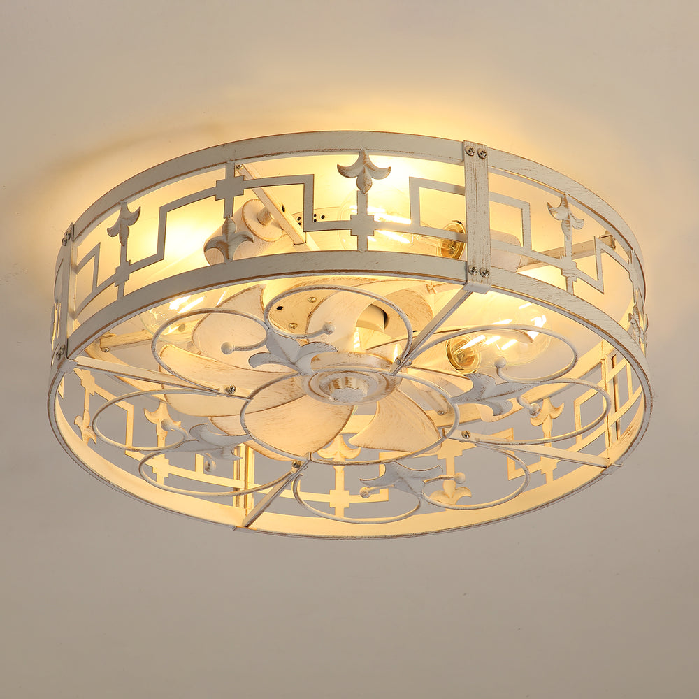 20-inch Distressed White Flush Mount Caged Ceiling Fan with Light Remote(7-Blades)