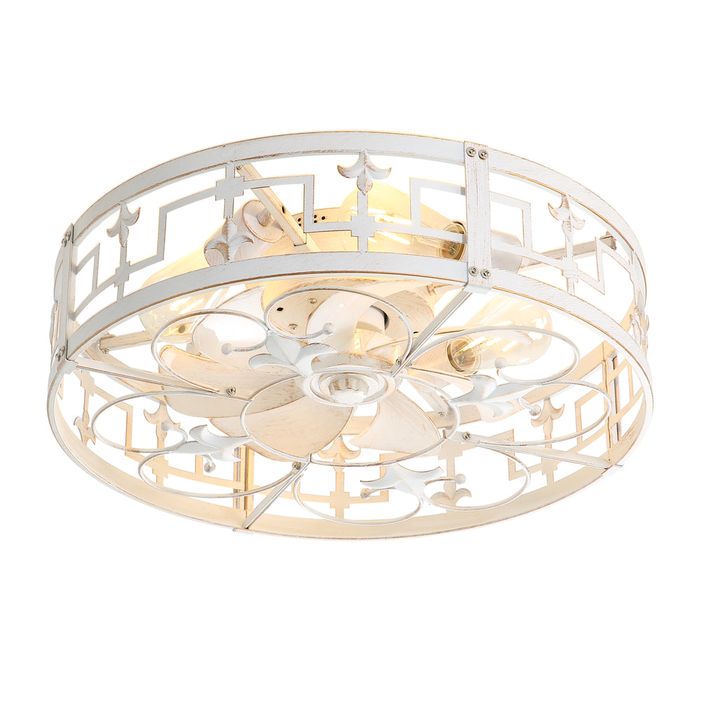 20-inch Distressed White Flush Mount Caged Ceiling Fan with Light Remote(7-Blades)