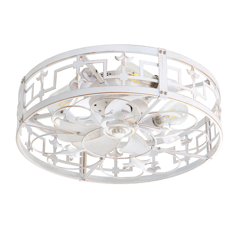 20-inch Distressed White Flush Mount Caged Ceiling Fan with Light Remote(7-Blades)