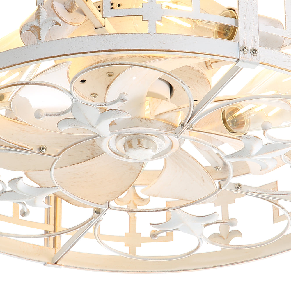 20-inch Distressed White Flush Mount Caged Ceiling Fan with Light Remote(7-Blades)