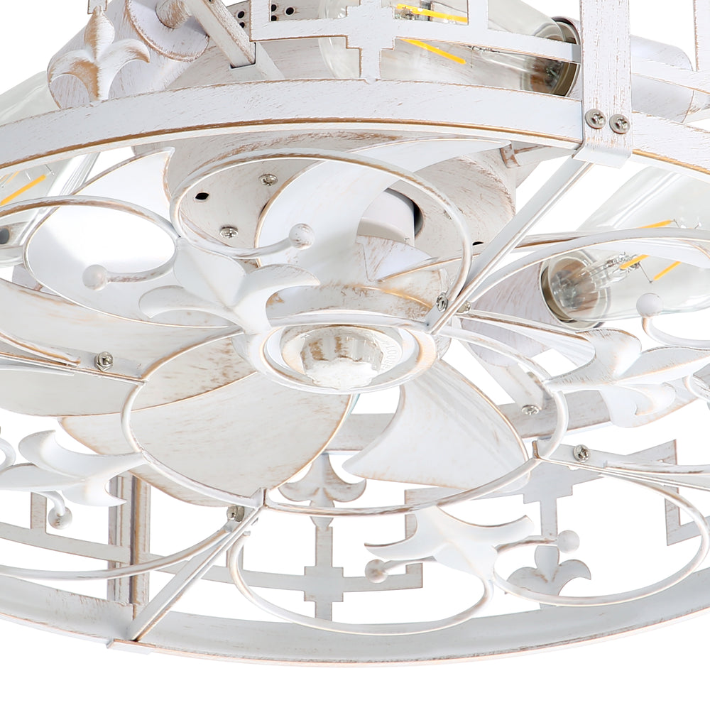 20-inch Distressed White Flush Mount Caged Ceiling Fan with Light Remote(7-Blades)