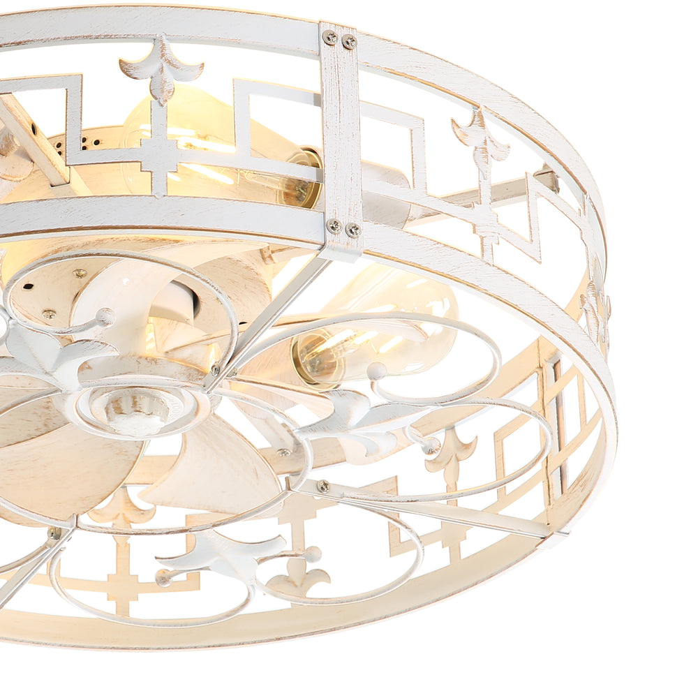 20-inch Distressed White Flush Mount Caged Ceiling Fan with Light Remote(7-Blades)