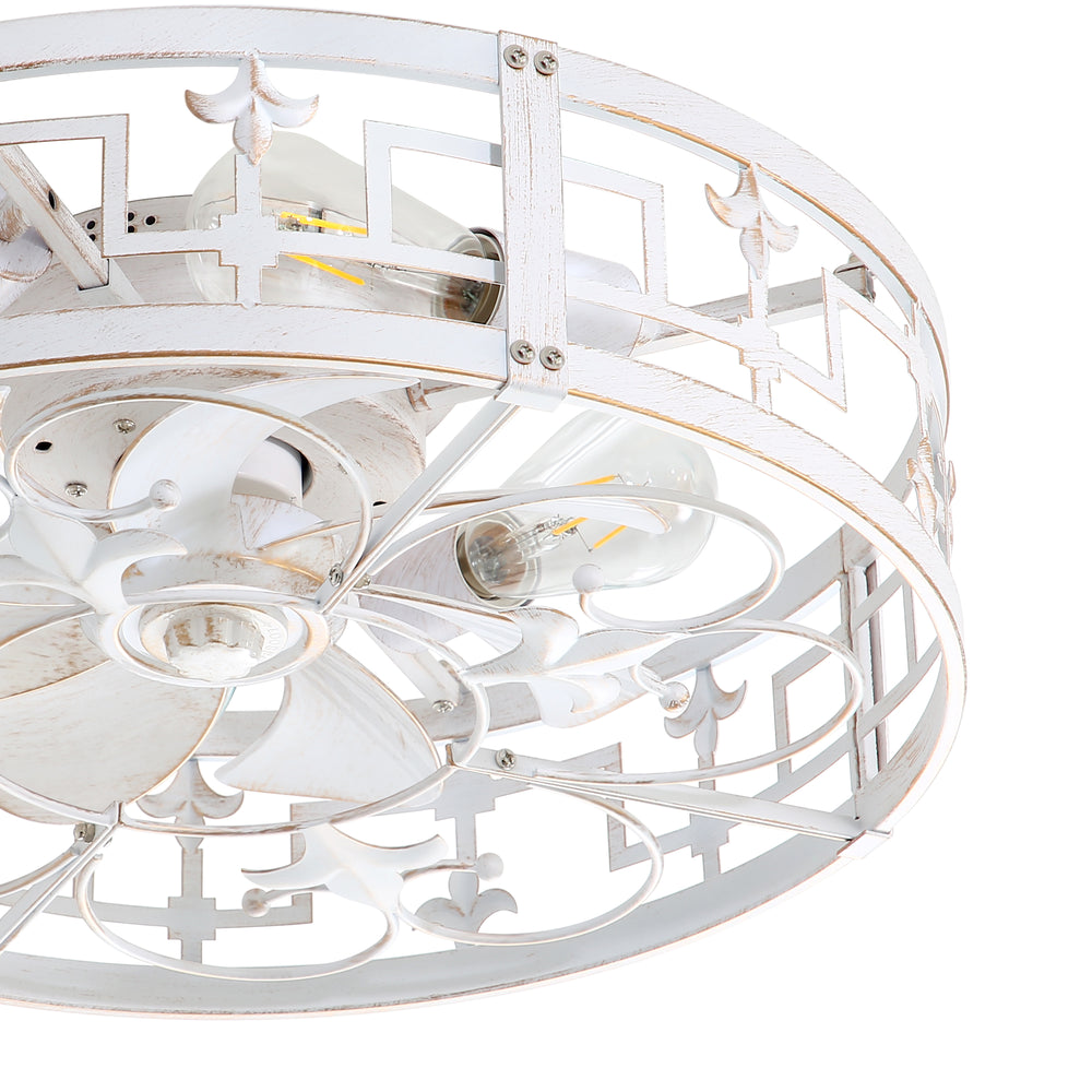 20-inch Distressed White Flush Mount Caged Ceiling Fan with Light Remote(7-Blades)