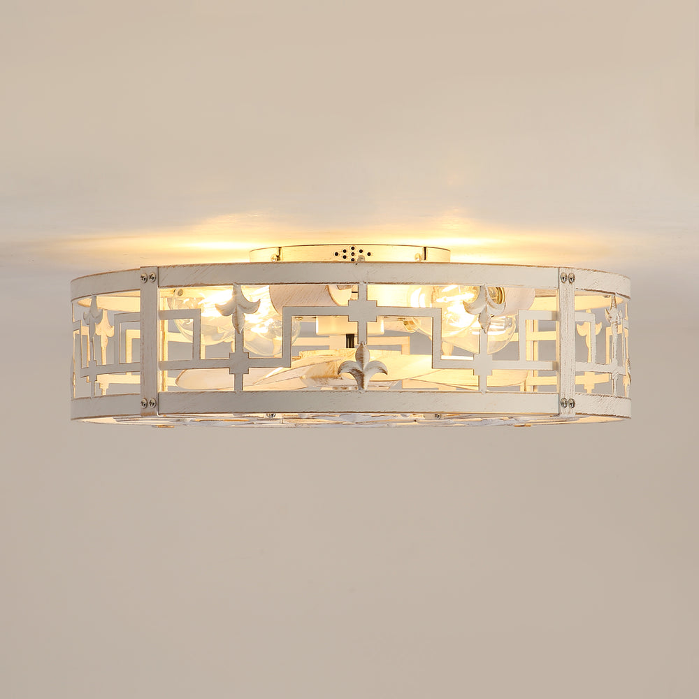 20-inch Distressed White Flush Mount Caged Ceiling Fan with Light Remote(7-Blades)