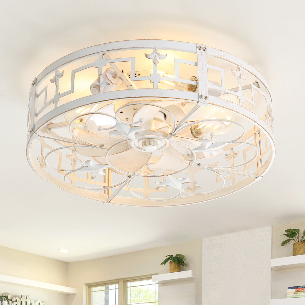 20-inch Distressed White Flush Mount Caged Ceiling Fan with Light Remote(7-Blades)
