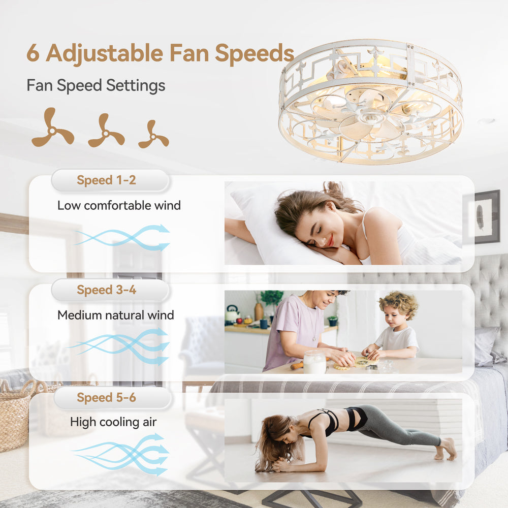 20-inch Distressed White Flush Mount Caged Ceiling Fan with Light Remote(7-Blades)