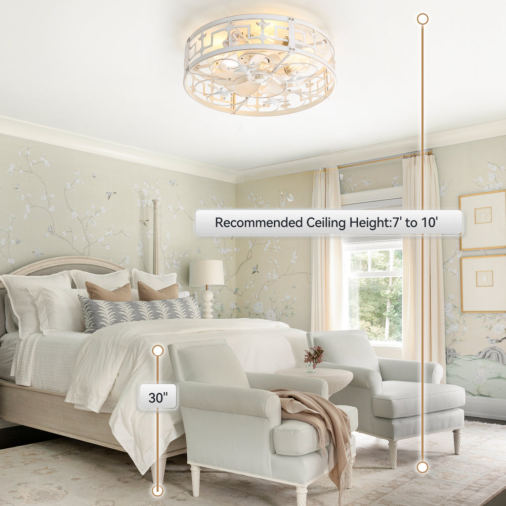 20-inch Distressed White Flush Mount Caged Ceiling Fan with Light Remote(7-Blades)