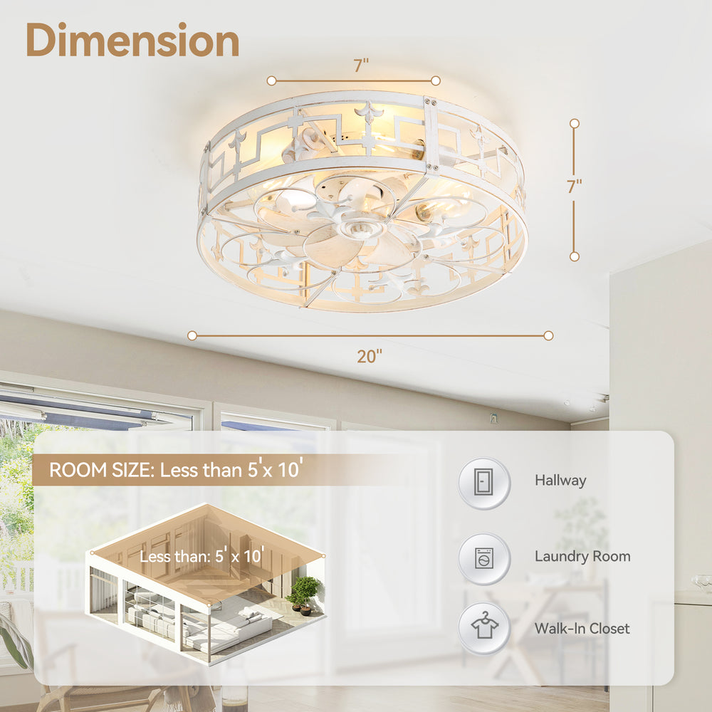 20-inch Distressed White Flush Mount Caged Ceiling Fan with Light Remote(7-Blades)