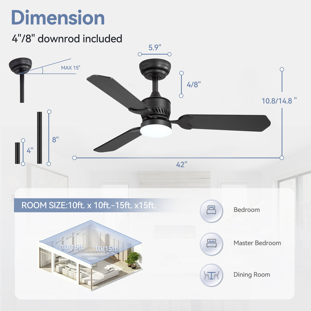 1/2PCS 42-in Reversible 3-Blade Integrated Ceiling Fan with LED Light and Remote,4in and 8in Downrod Included