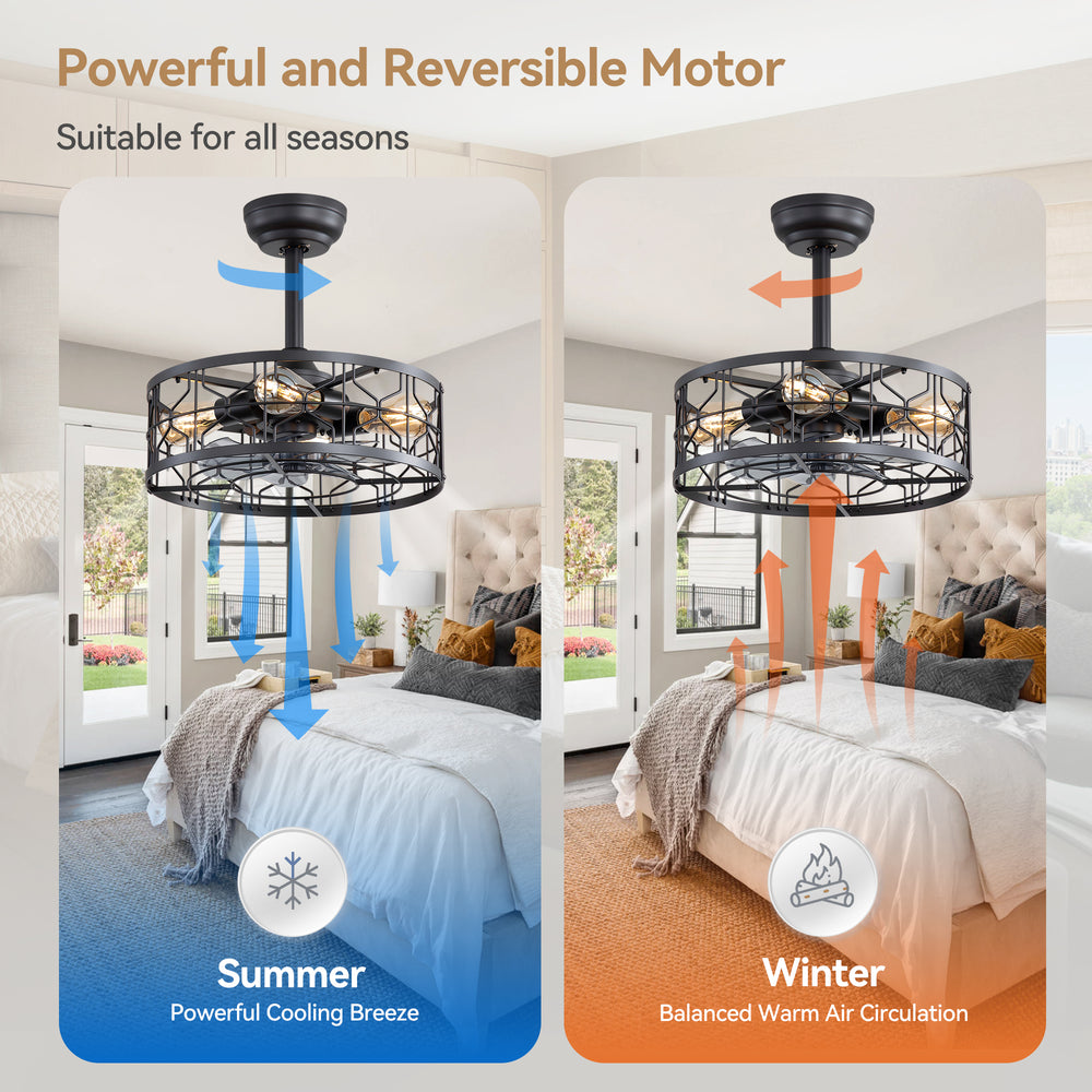 16.5-inch Black Enclosed Caged Ceiling Fan with Remote Light(7-blade)