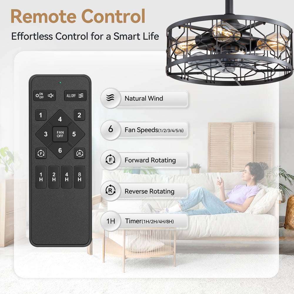 16.5-inch Black Enclosed Caged Ceiling Fan with Remote Light(7-blade)