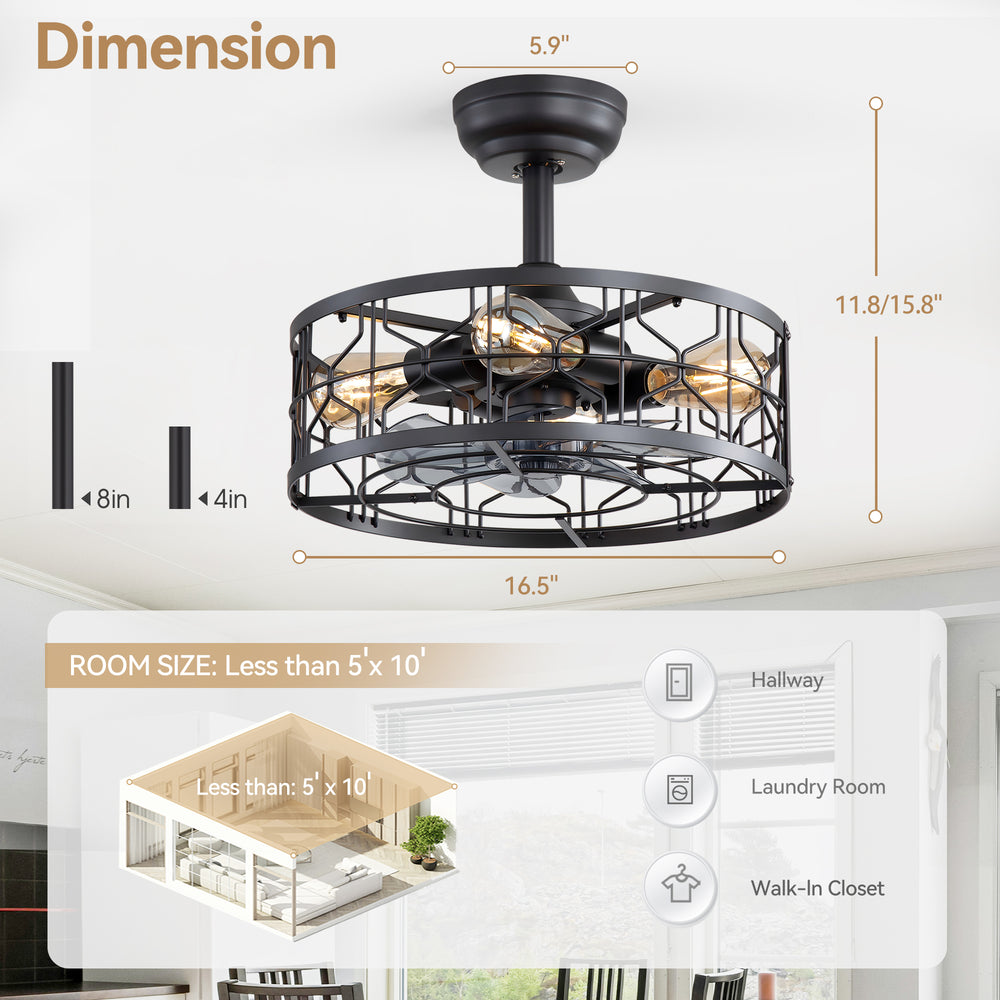 16.5-inch Black Enclosed Caged Ceiling Fan with Remote Light(7-blade)