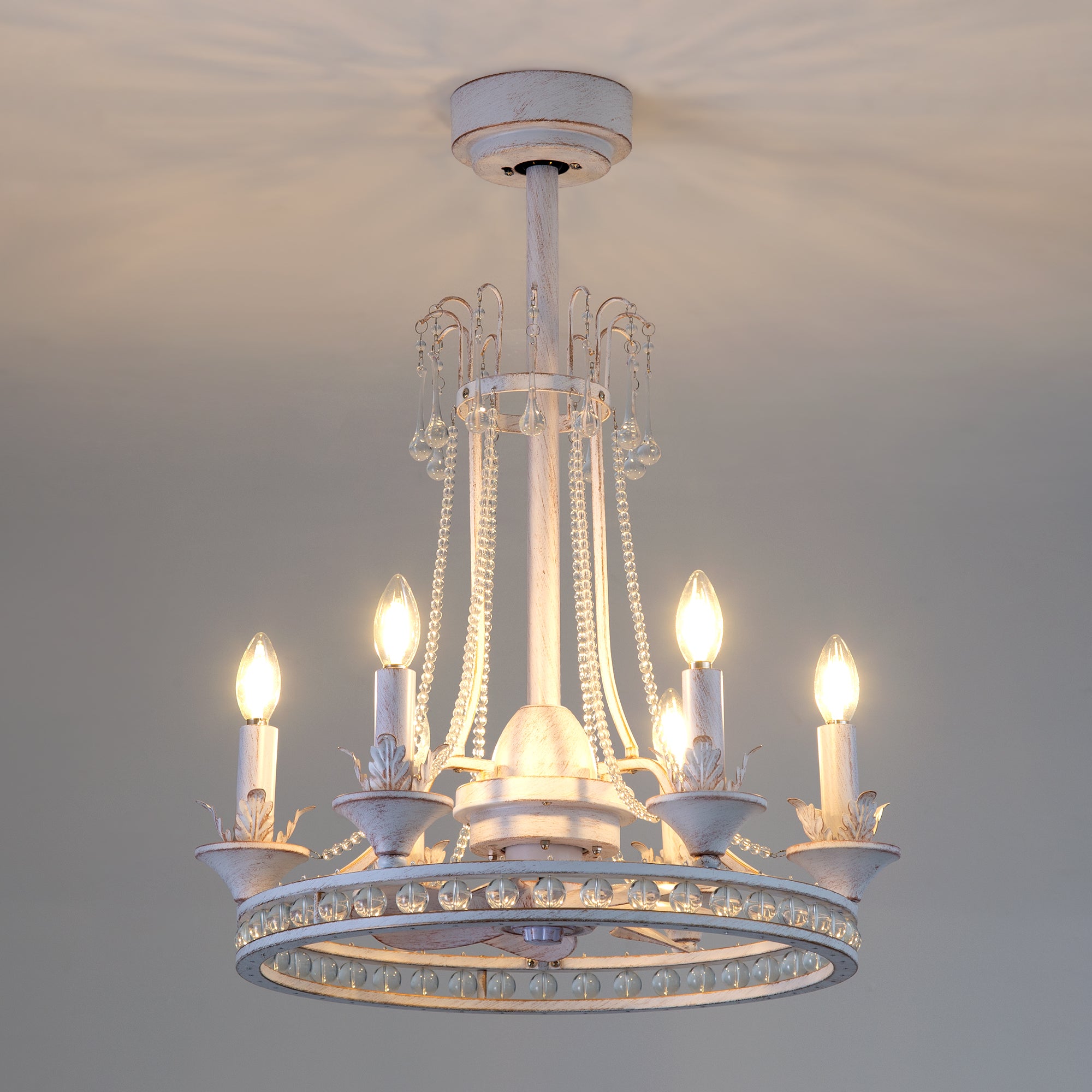 22-Inch Distressed White Crystal Chandelier Ceiling Fan with Light