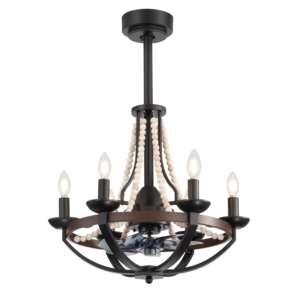 22-Inch Farmhouse Chandelier Ceiling Fan with Light and Remote – 7 ABS Blades for Powerful Airflow, Black Metal Frame with Wood Accents & Decorative Beads, Reversible DC Motor, 6-Light E12  Bulb Base, Forward/Reverse Airflow, Timer Function