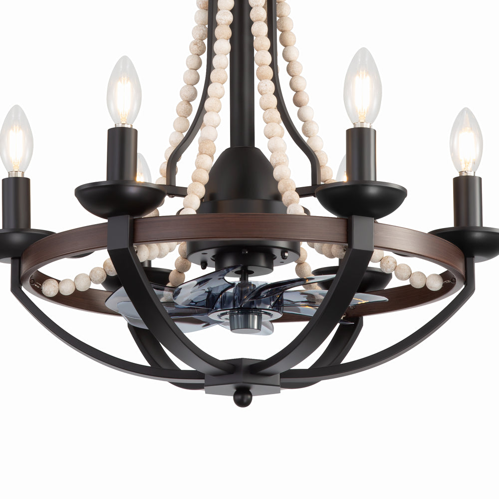 22-Inch Farmhouse Chandelier Ceiling Fan with Light and Remote – 7 ABS Blades for Powerful Airflow, Black Metal Frame with Wood Accents & Decorative Beads, Reversible DC Motor, 6-Light E12  Bulb Base, Forward/Reverse Airflow, Timer Function