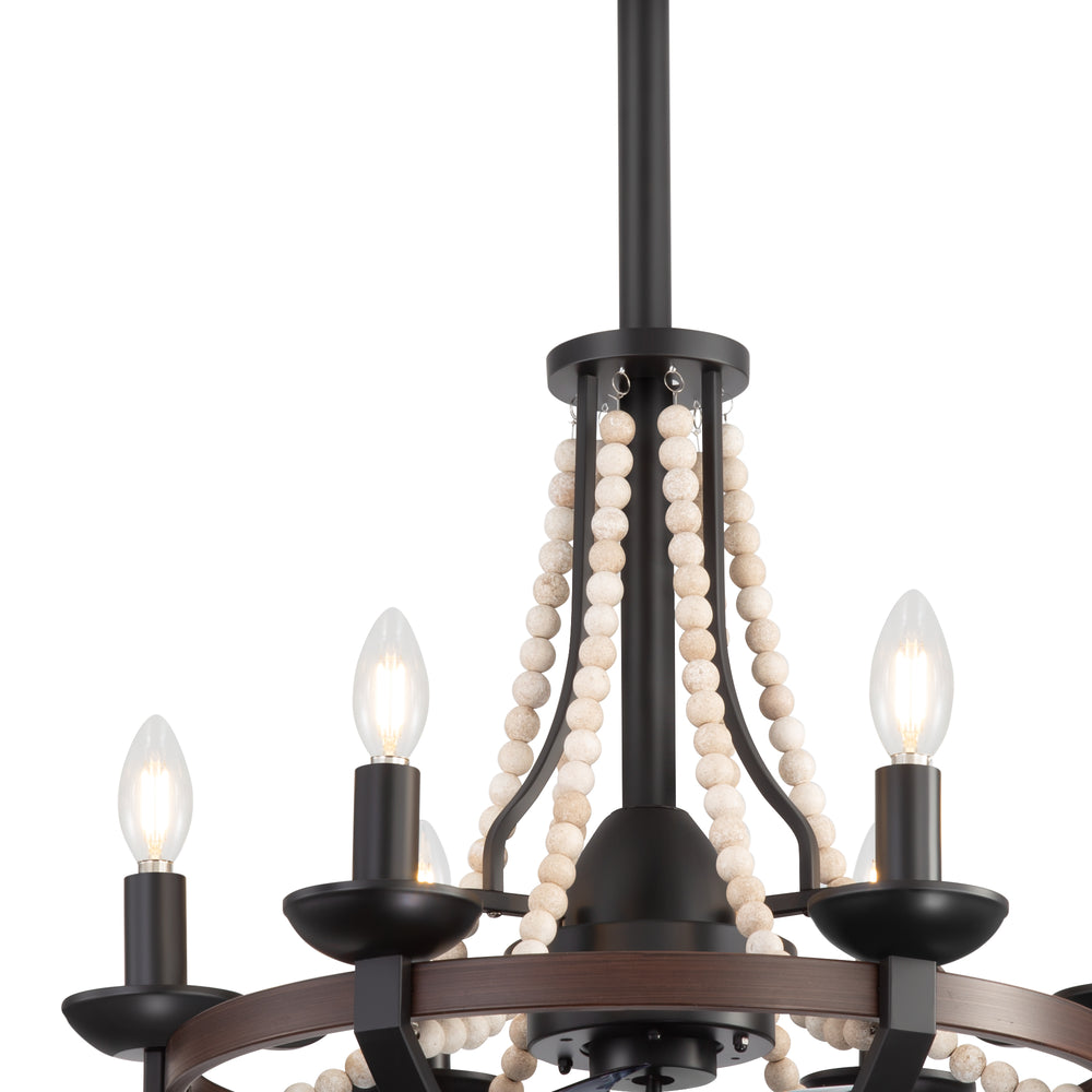 22-Inch Farmhouse Chandelier Ceiling Fan with Light and Remote – 7 ABS Blades for Powerful Airflow, Black Metal Frame with Wood Accents & Decorative Beads, Reversible DC Motor, 6-Light E12  Bulb Base, Forward/Reverse Airflow, Timer Function