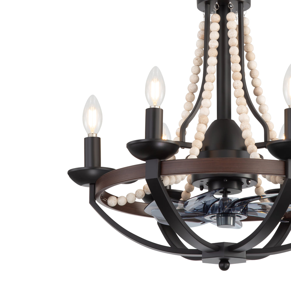 22-Inch Farmhouse Chandelier Ceiling Fan with Light and Remote – 7 ABS Blades for Powerful Airflow, Black Metal Frame with Wood Accents & Decorative Beads, Reversible DC Motor, 6-Light E12  Bulb Base, Forward/Reverse Airflow, Timer Function