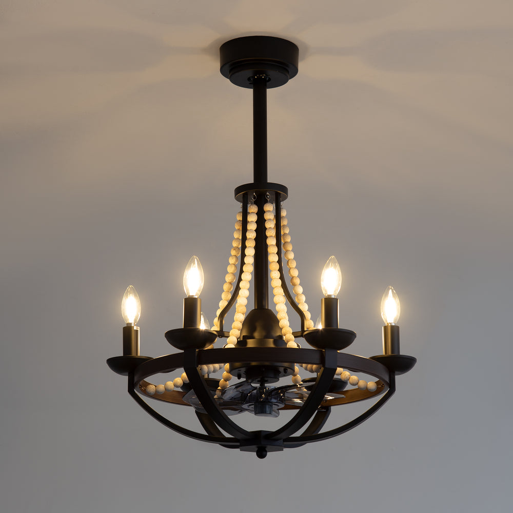 22-Inch Farmhouse Chandelier Ceiling Fan with Light and Remote – 7 ABS Blades for Powerful Airflow, Black Metal Frame with Wood Accents & Decorative Beads, Reversible DC Motor, 6-Light E12  Bulb Base, Forward/Reverse Airflow, Timer Function