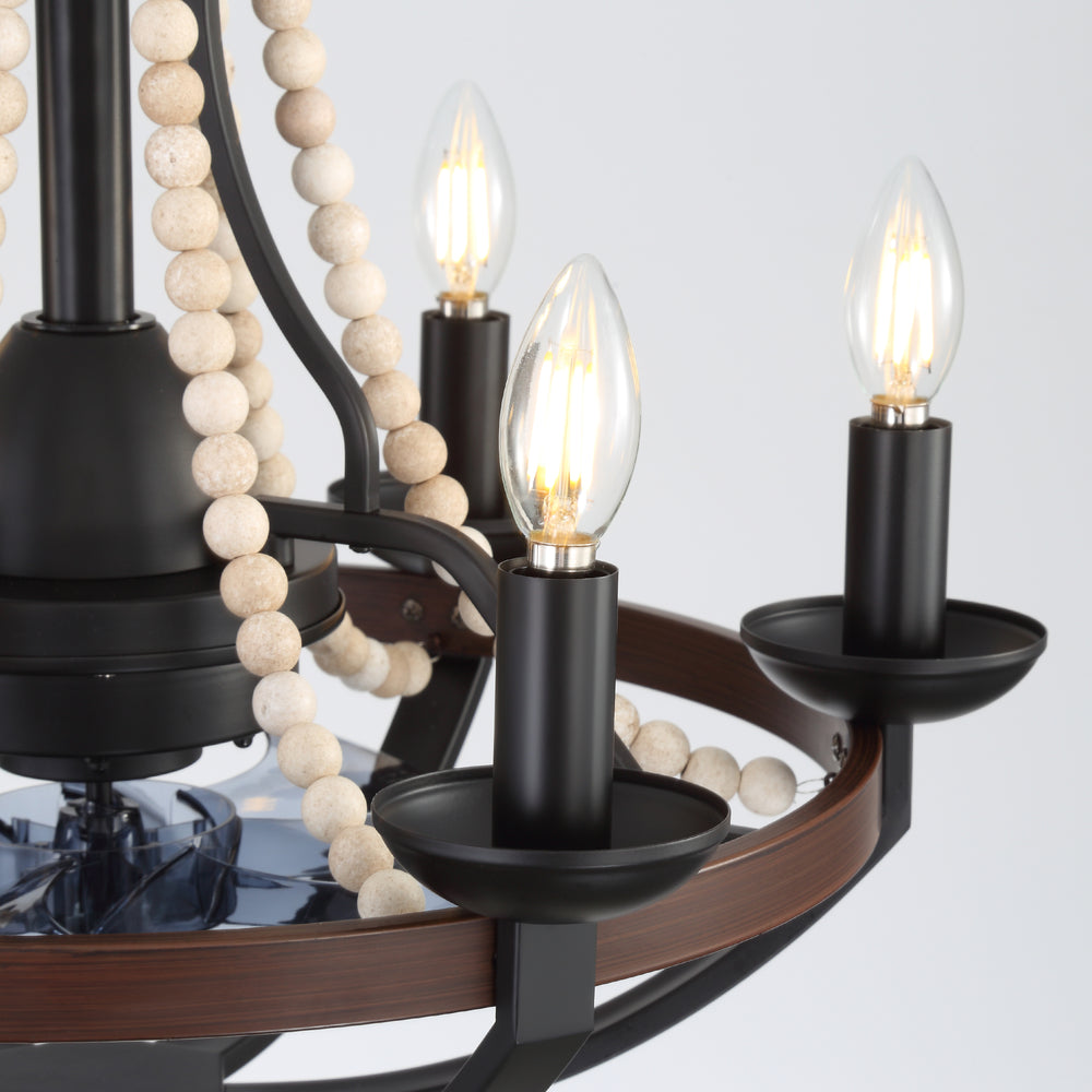 22-Inch Farmhouse Chandelier Ceiling Fan with Light and Remote – 7 ABS Blades for Powerful Airflow, Black Metal Frame with Wood Accents & Decorative Beads, Reversible DC Motor, 6-Light E12  Bulb Base, Forward/Reverse Airflow, Timer Function
