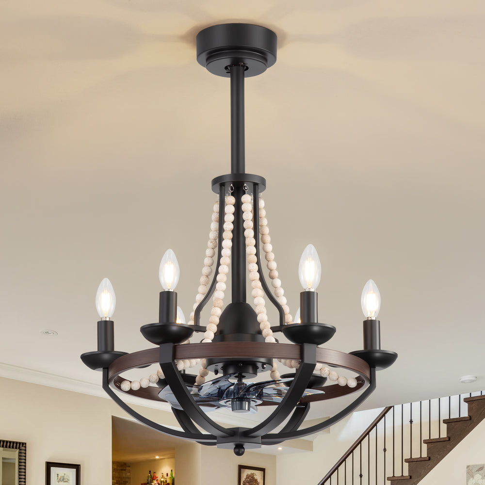 22-Inch Farmhouse Chandelier Ceiling Fan with Light and Remote – 7 ABS Blades for Powerful Airflow, Black Metal Frame with Wood Accents & Decorative Beads, Reversible DC Motor, 6-Light E12  Bulb Base, Forward/Reverse Airflow, Timer Function