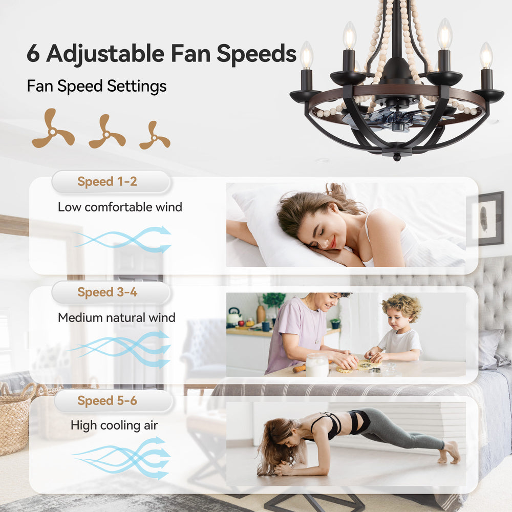 22-Inch Farmhouse Chandelier Ceiling Fan with Light and Remote – 7 ABS Blades for Powerful Airflow, Black Metal Frame with Wood Accents & Decorative Beads, Reversible DC Motor, 6-Light E12  Bulb Base, Forward/Reverse Airflow, Timer Function