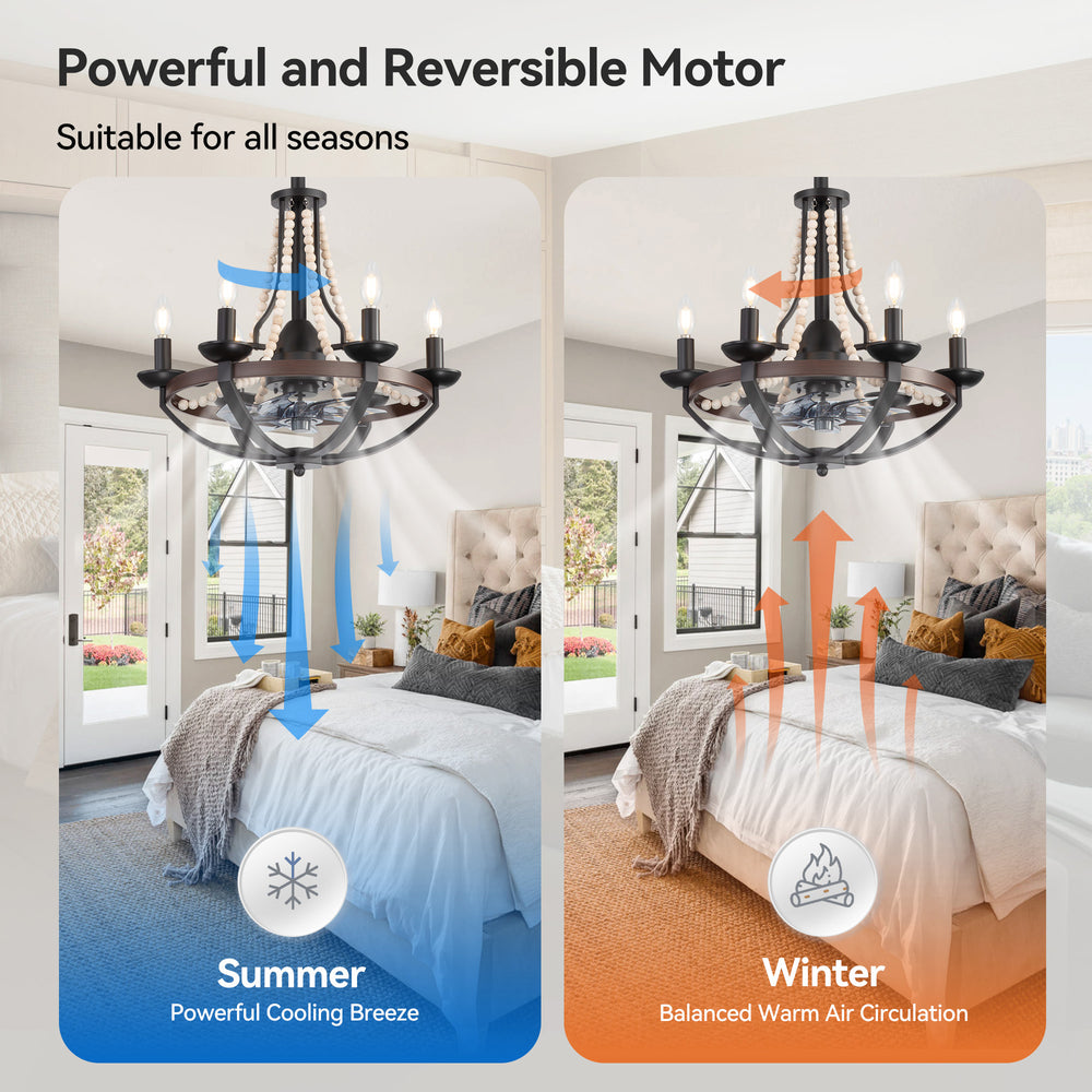 22-Inch Farmhouse Chandelier Ceiling Fan with Light and Remote – 7 ABS Blades for Powerful Airflow, Black Metal Frame with Wood Accents & Decorative Beads, Reversible DC Motor, 6-Light E12  Bulb Base, Forward/Reverse Airflow, Timer Function