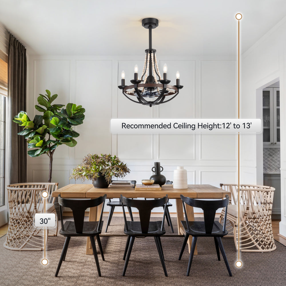 22-Inch Farmhouse Chandelier Ceiling Fan with Light and Remote – 7 ABS Blades for Powerful Airflow, Black Metal Frame with Wood Accents & Decorative Beads, Reversible DC Motor, 6-Light E12  Bulb Base, Forward/Reverse Airflow, Timer Function