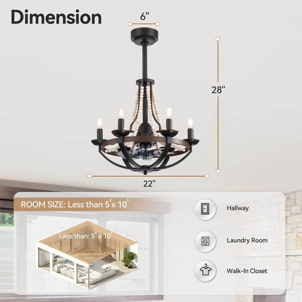 22-Inch Farmhouse Chandelier Ceiling Fan with Light and Remote – 7 ABS Blades for Powerful Airflow, Black Metal Frame with Wood Accents & Decorative Beads, Reversible DC Motor, 6-Light E12  Bulb Base, Forward/Reverse Airflow, Timer Function