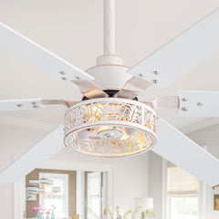 2pcs 46-inch Distressed White Ceiling Fan with 6 Blades, Leaf Cage Light Fixture, Quiet Reversible DC Motor, Remote Control,6" Downrod
