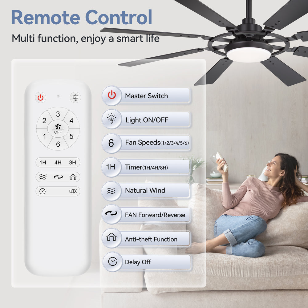 52-inch Modern Ceiling Fan with 8 Reversible Blades, 22W LED Light, Quiet DC Motor, 3 Color Temps, Remote Control, 4"and 8" Downrods Included