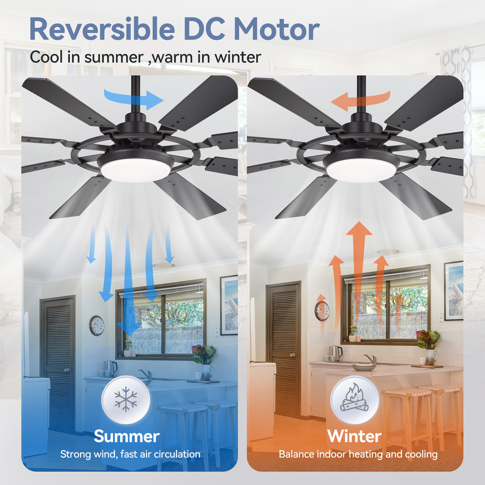 52-inch Modern Ceiling Fan with 8 Reversible Blades, 22W LED Light, Quiet DC Motor, 3 Color Temps, Remote Control, 4"and 8" Downrods Included