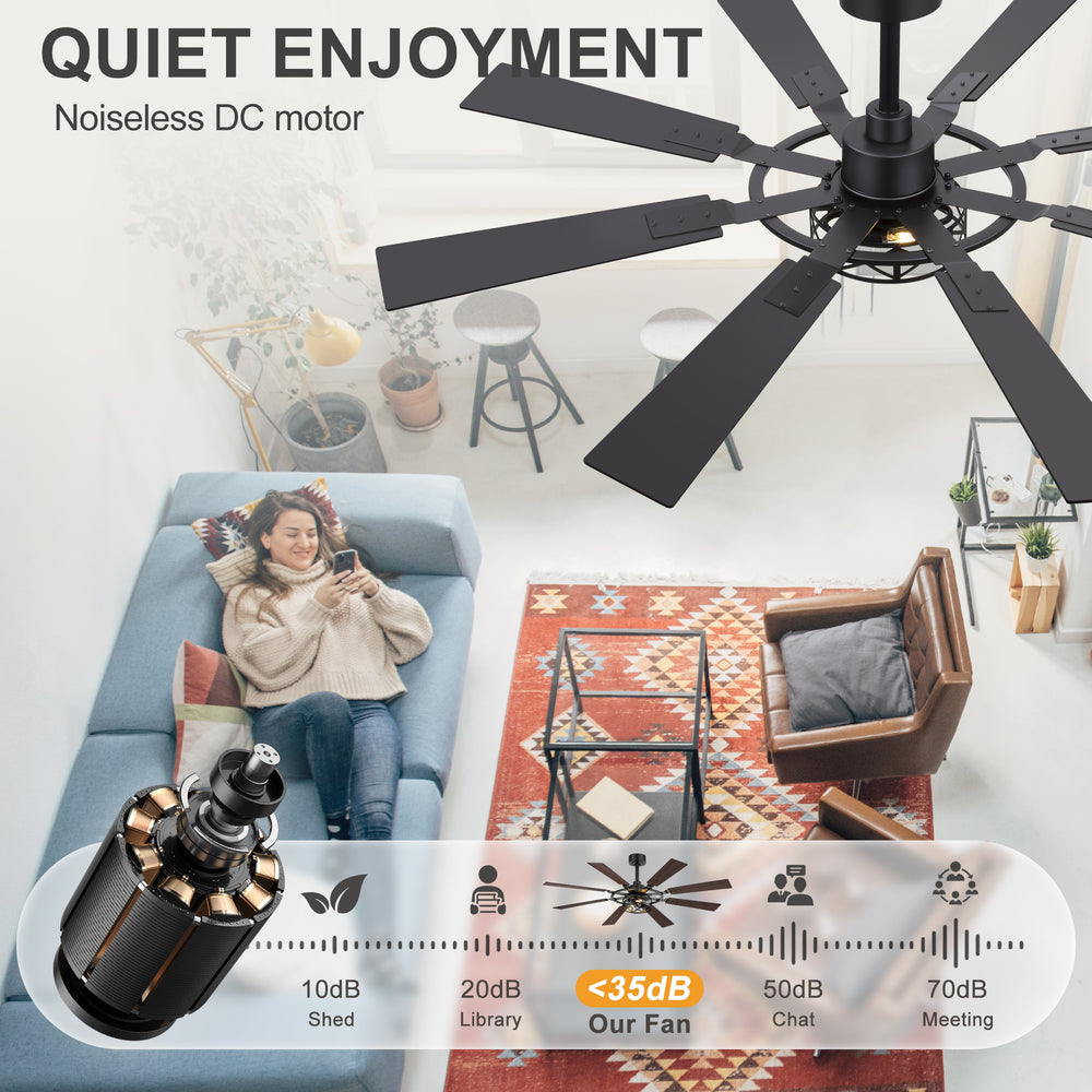 52-inch Modern Ceiling Fan with 8 Reversible Blades, Quiet DC Motor, Remote Control, E12 Bulb Base,4" and 8" Downrods Included