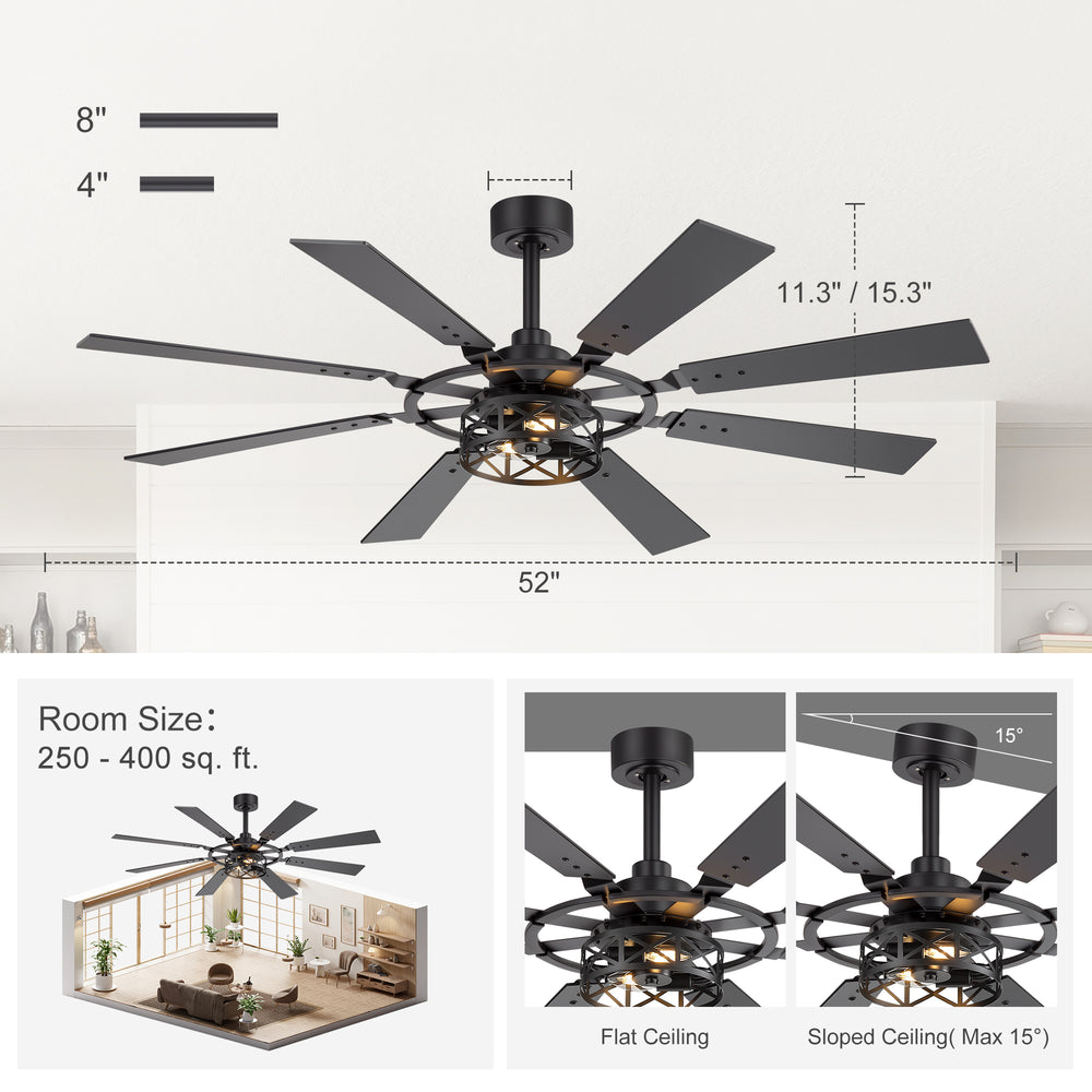52-inch Modern Ceiling Fan with 8 Reversible Blades, Quiet DC Motor, Remote Control, E12 Bulb Base,4" and 8" Downrods Included