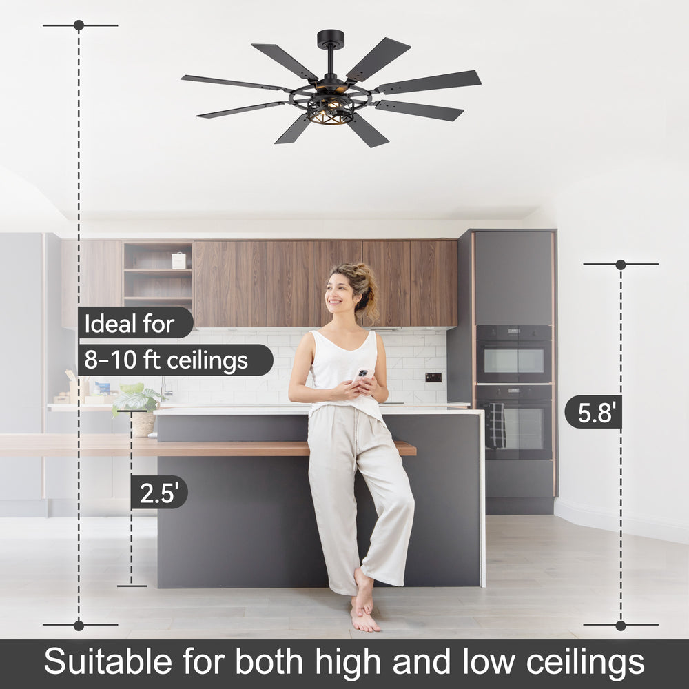 52-inch Modern Ceiling Fan with 8 Reversible Blades, Quiet DC Motor, Remote Control, E12 Bulb Base,4" and 8" Downrods Included