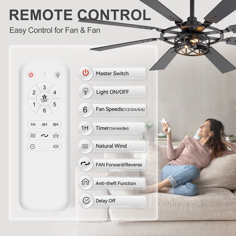 52-inch Modern Ceiling Fan with 8 Reversible Blades, Quiet DC Motor, Remote Control, E12 Bulb Base,4" and 8" Downrods Included