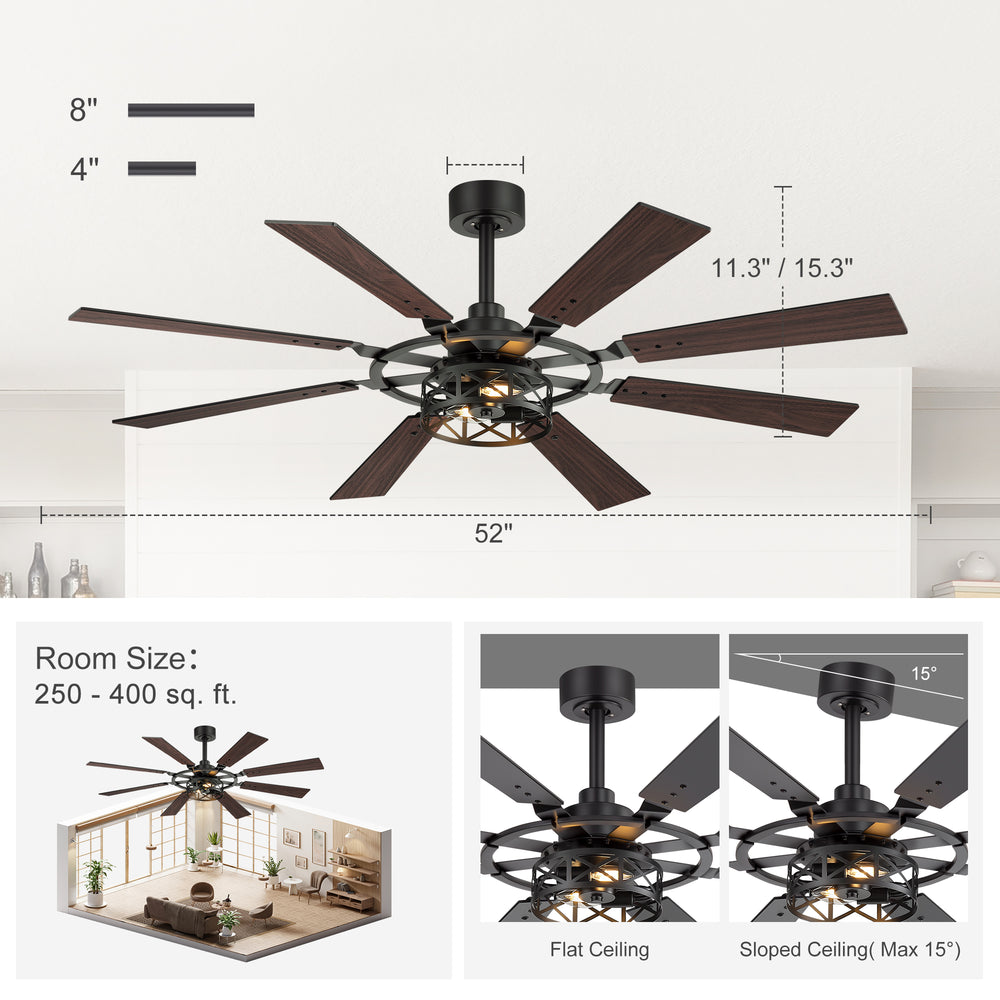 52-inch Modern Ceiling Fan with 8 Reversible Blades, Quiet DC Motor, Remote Control, E12 Bulb Base,4" and 8" Downrods Included