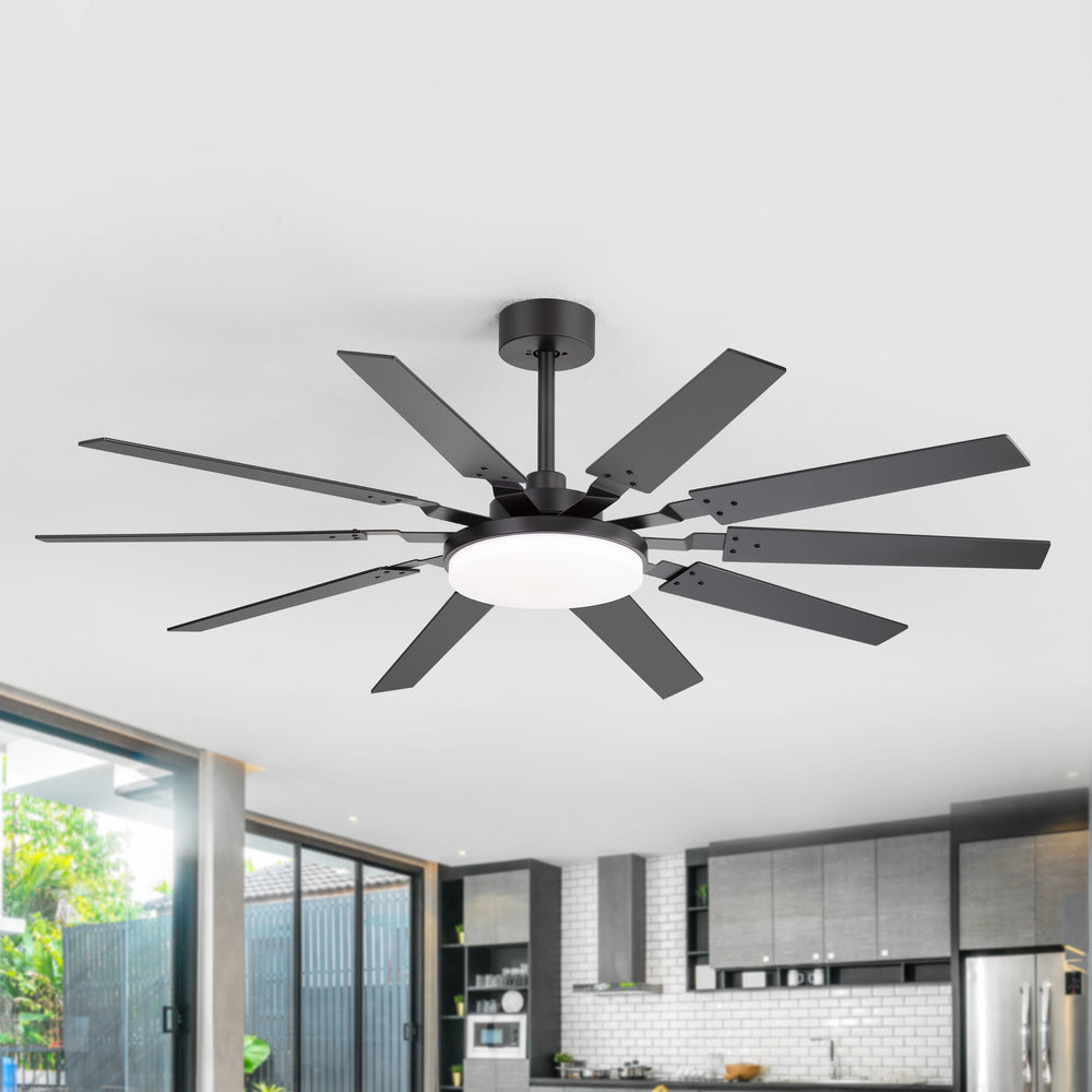 60-inch Modern Ceiling Fan with 10 Reversible Blades, 32W LED Light, Quiet DC Motor, Remote Control, 3 Color Temps, 5" and 10" Downrods Included
