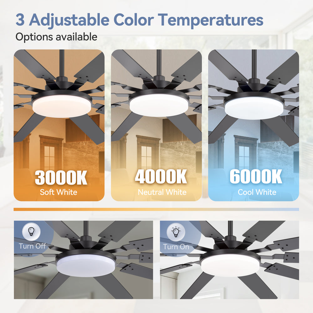 60-inch Modern Ceiling Fan with 10 Reversible Blades, 32W LED Light, Quiet DC Motor, Remote Control, 3 Color Temps, 5" and 10" Downrods Included