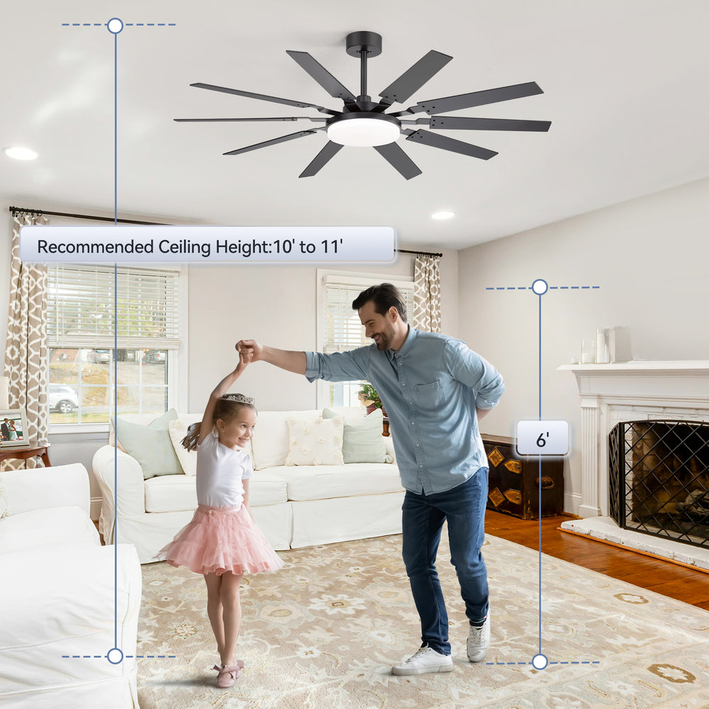 60-inch Modern Ceiling Fan with 10 Reversible Blades, 32W LED Light, Quiet DC Motor, Remote Control, 3 Color Temps, 5" and 10" Downrods Included