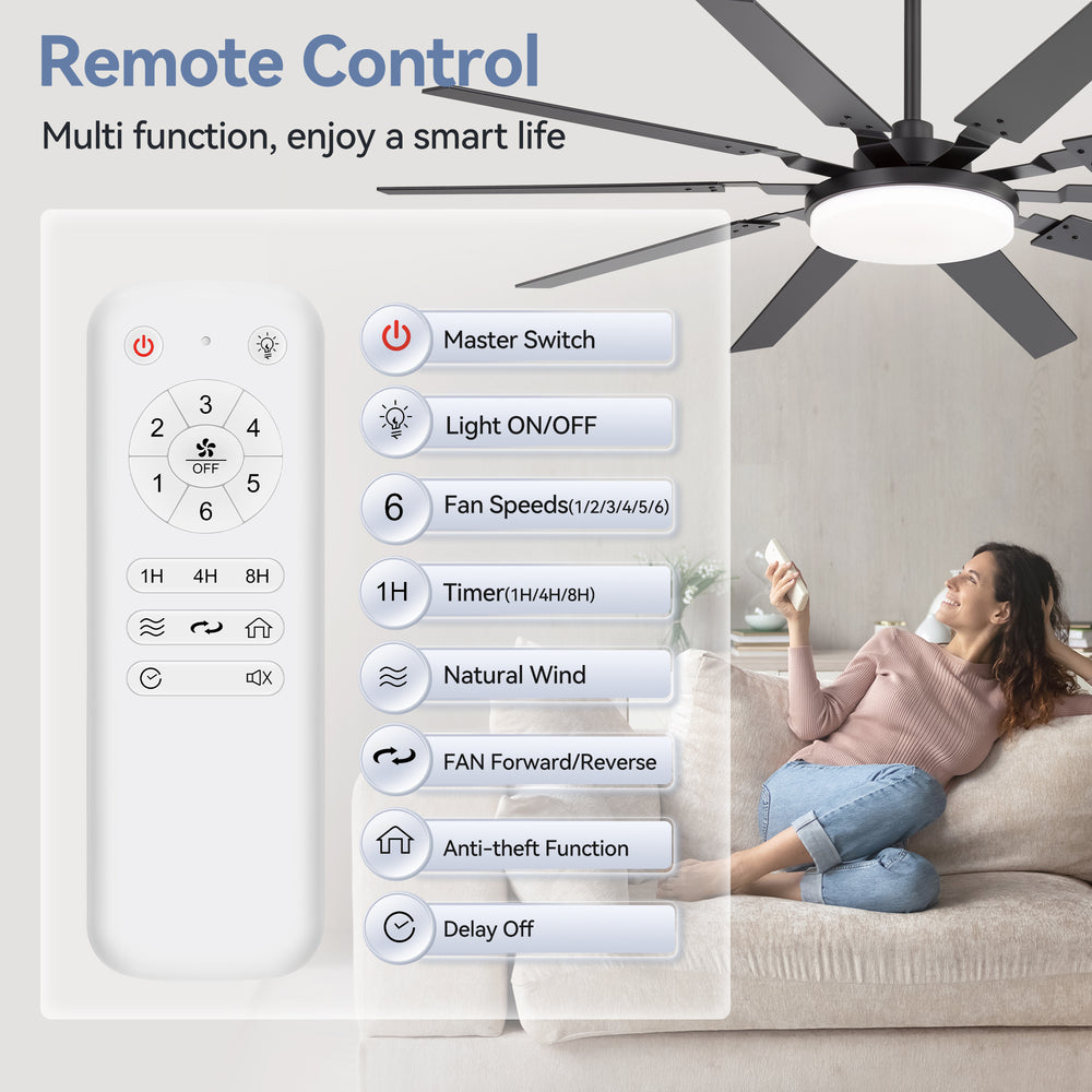 60-inch Modern Ceiling Fan with 10 Reversible Blades, 32W LED Light, Quiet DC Motor, Remote Control, 3 Color Temps, 5" and 10" Downrods Included