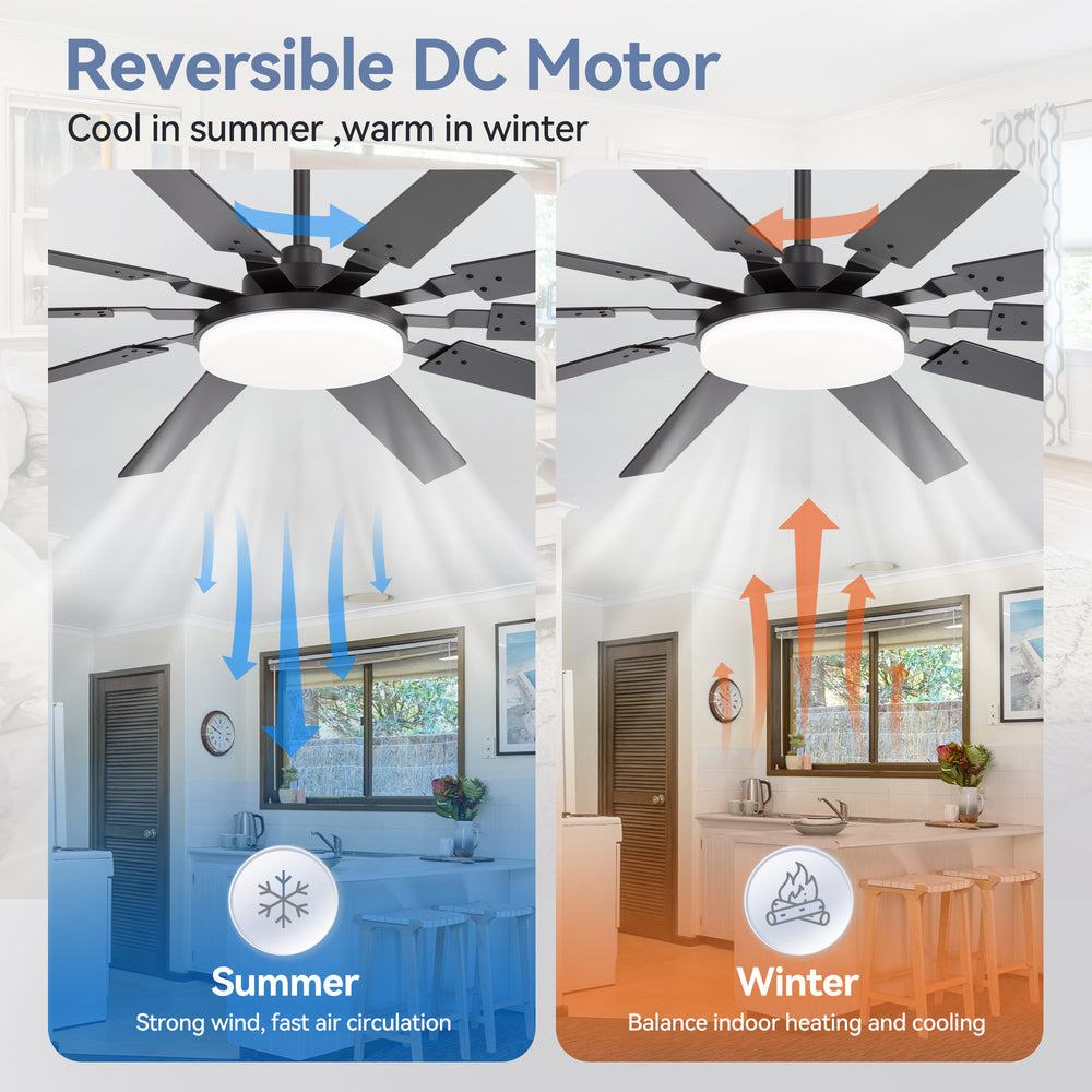 60-inch Modern Ceiling Fan with 10 Reversible Blades, 32W LED Light, Quiet DC Motor, Remote Control, 3 Color Temps, 5" and 10" Downrods Included