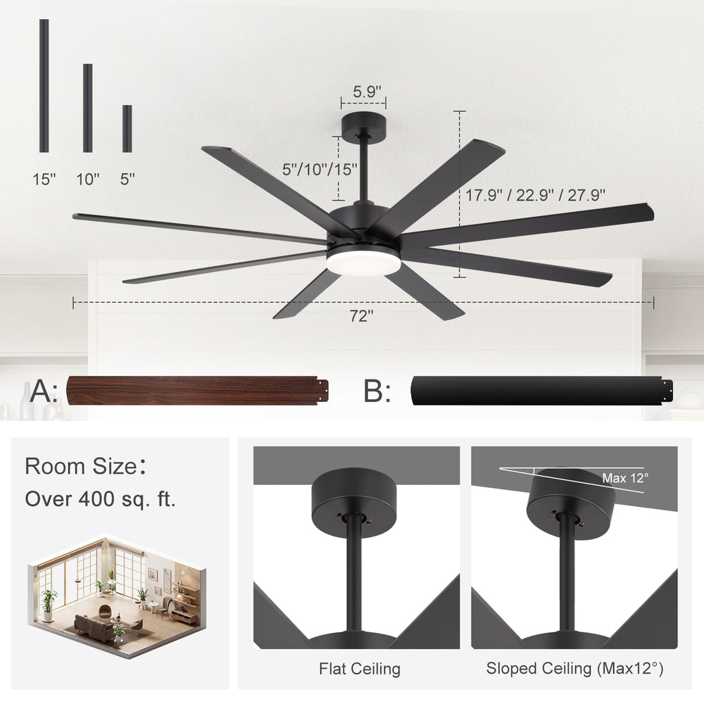 AeroWalnut 72 inch ceiling fan dimensions with 5 10 and 15 inch downrods