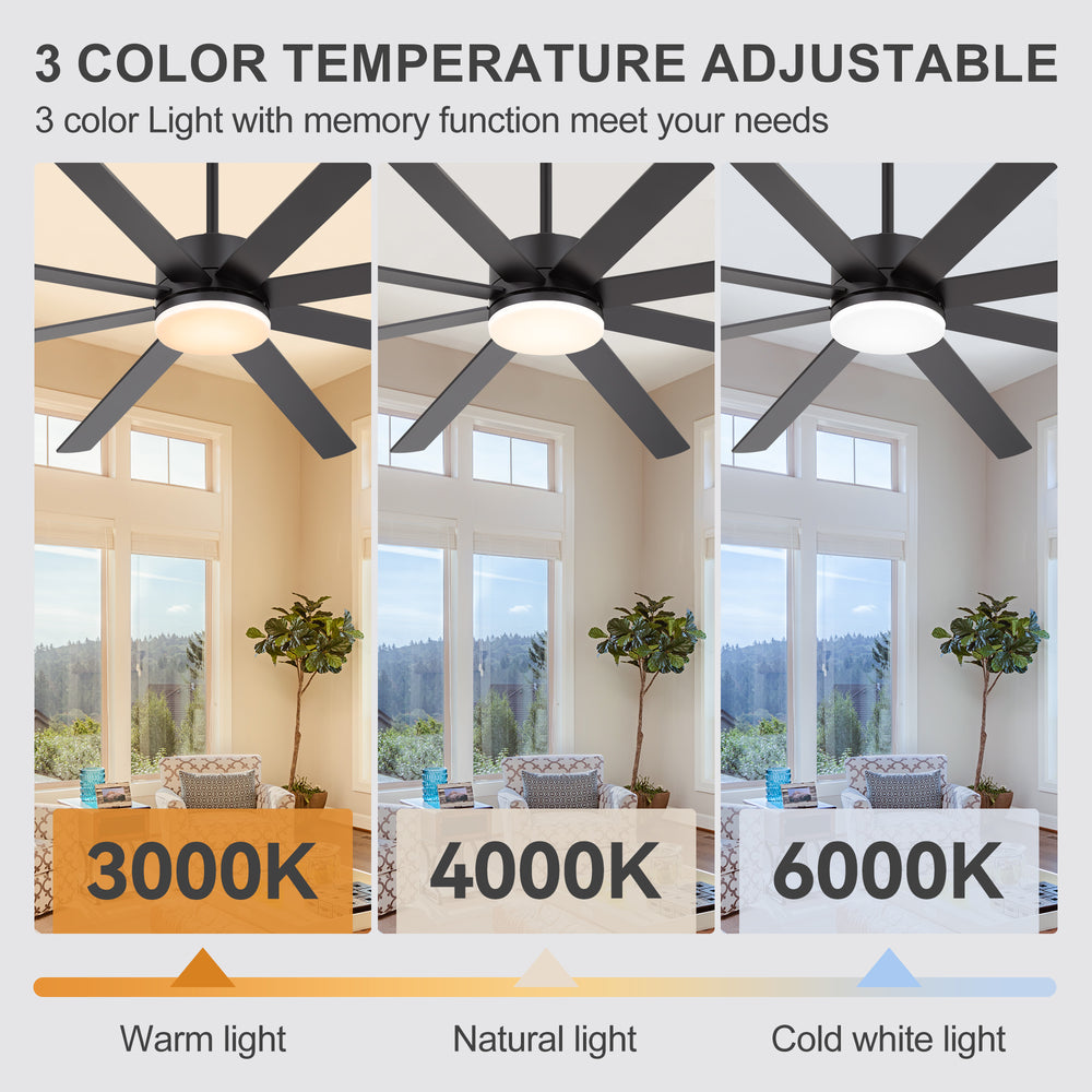 72 inch ceiling fan with LED light showing 3000K 4000K and 6000K color temperatures