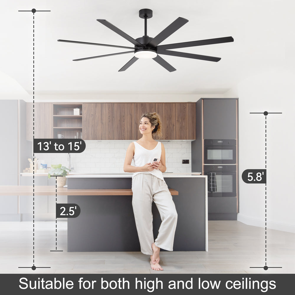 72-Inch Extra-Large Ceiling Fan with LED Light and Remote – 8 Reversible Dual-Finish Blades, Quiet Energy-Efficient DC Motor with 6 Speeds & Reversible Airflow, 3-Color LED with Memory Function, Includes 5", 10", 15" Downrods for Flexible Installation
