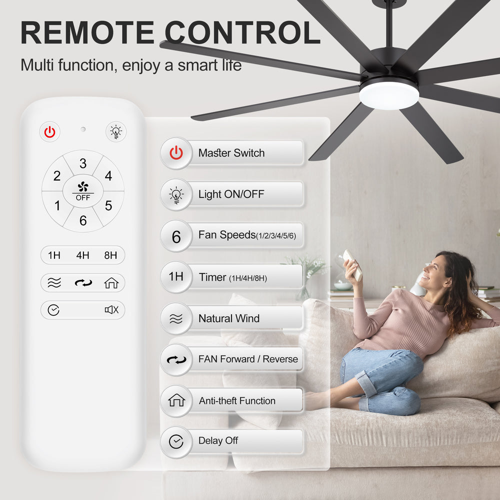 72-Inch Extra-Large Ceiling Fan with LED Light and Remote – 8 Reversible Dual-Finish Blades, Quiet Energy-Efficient DC Motor with 6 Speeds & Reversible Airflow, 3-Color LED with Memory Function, Includes 5", 10", 15" Downrods for Flexible Installation