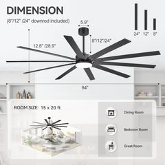Large 84-inch Reversible 10-Blade Integrated Ceiling Fan with LED Light Kit and Remote