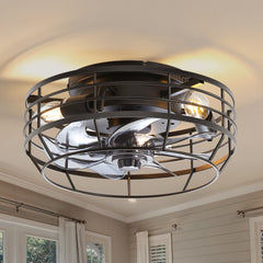 12-inch Flush Mount Caged Ceiling Fan with Light, 7 ABS Blades, DC Motor, 6-Speed Remote