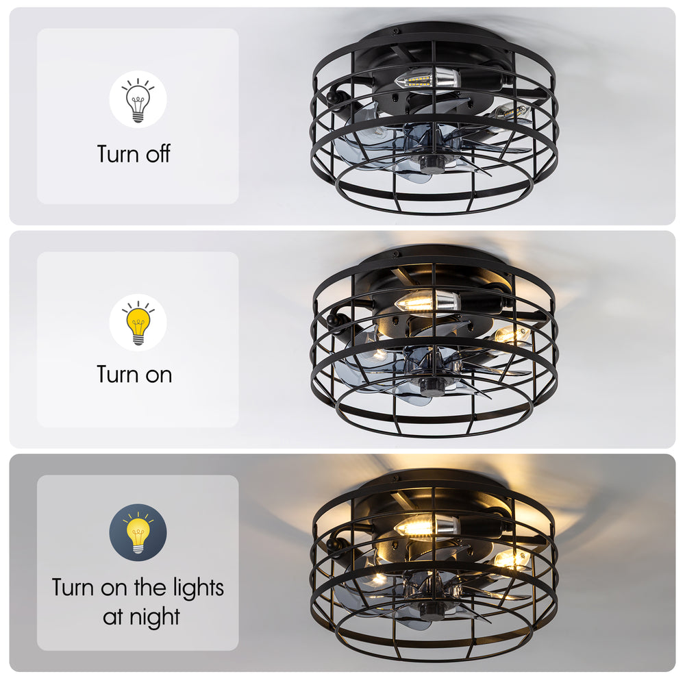 11.8" Caged Ceiling Fan with Light, Matte Black/Stain Nickel Finish, 7 ABS Blades, E12 Bulb Base, DC Motor, 6 Speeds, Reverse Function, Timer, Remote Control, Flush Mount