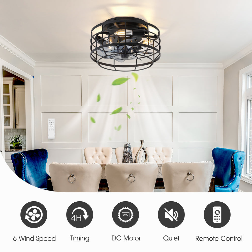 11.8" Caged Ceiling Fan with Light, Matte Black/Stain Nickel Finish, 7 ABS Blades, E12 Bulb Base, DC Motor, 6 Speeds, Reverse Function, Timer, Remote Control, Flush Mount