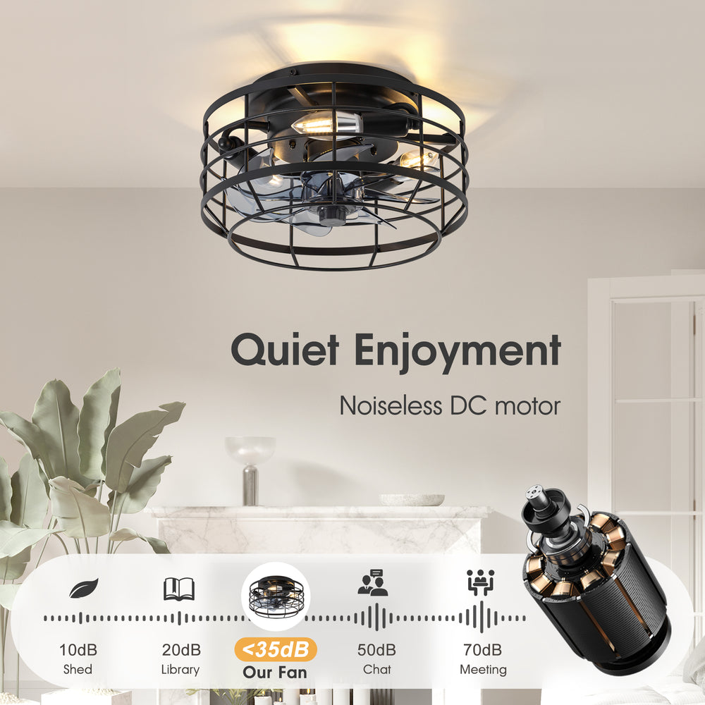11.8" Caged Ceiling Fan with Light, Matte Black/Stain Nickel Finish, 7 ABS Blades, E12 Bulb Base, DC Motor, 6 Speeds, Reverse Function, Timer, Remote Control, Flush Mount